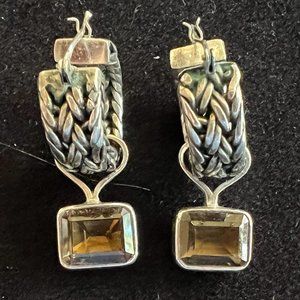 Sterling Silver Danish Designer Hoop Earrings with Topaz Crystal Drop Charms